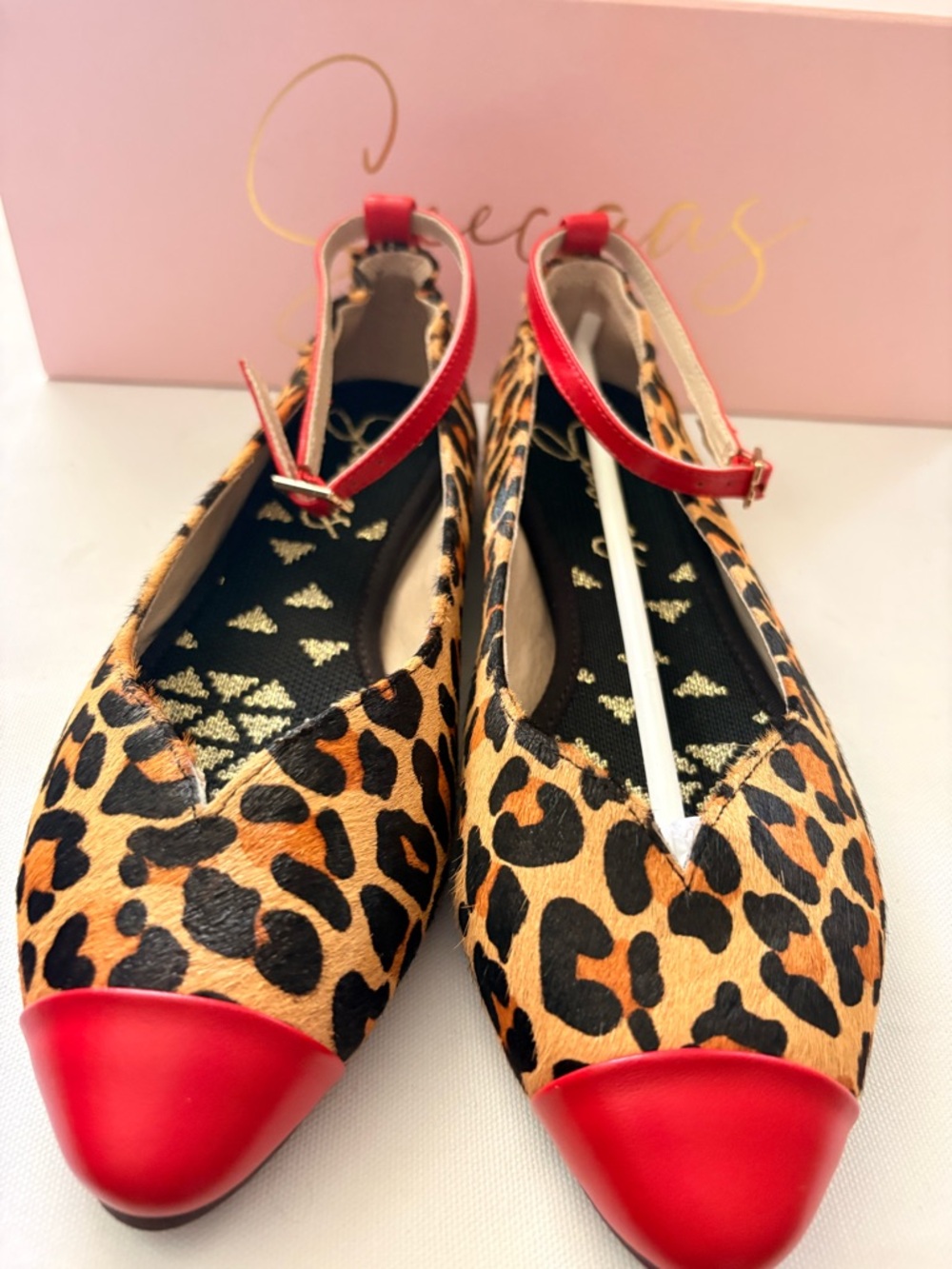 Seecaas Leopard Print Pointed Mary Jane Flats with Red Cap Toe and Ankle Strap